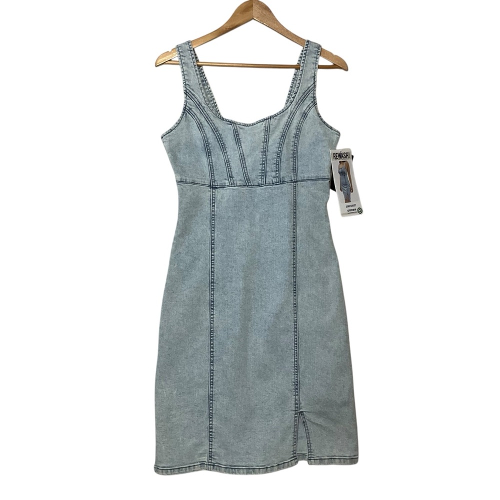 REWASH sz Large Juniors Denim Dress Tight Fit Front Slit Back Zip Acid Wash Blue